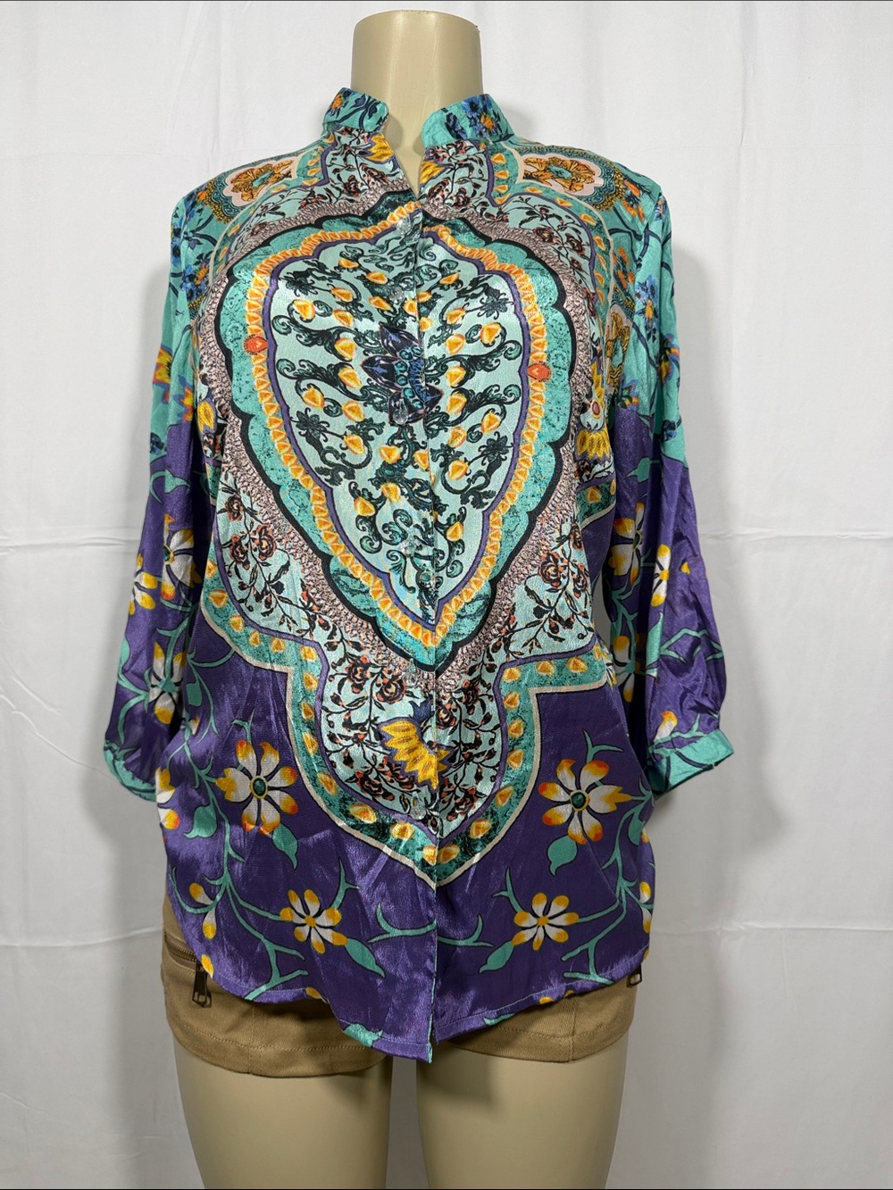 Boho Floral Paisley Print Button-Up Blouse in Teal & Purple
